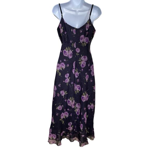 Vintage 90s Y2k Bebe Black Floral Goth Betsey Boho Midi Dress Size S - Picture 6 of 7